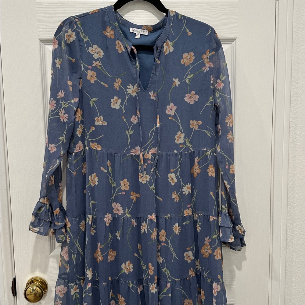 Patrons of Peace Floral Long Sleeve Dress in Dusty Blue